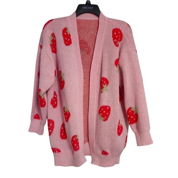 Sweaters - Pink Strawberry Knit Cardigan Y2K Cozy Long Sleeve Sweater Size S EUC